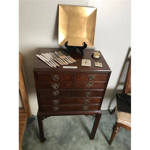 Beautiful 4 Drawer Velvet Lined Silverware Cabinet w Brass Handles, Sterling Silver Celtic Necklace/