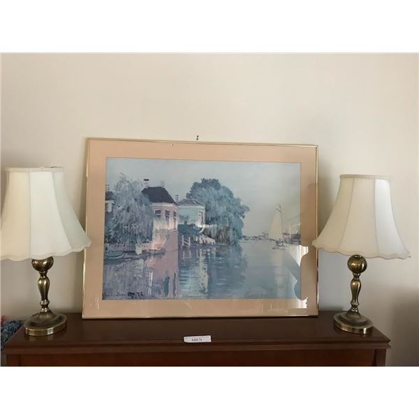 Large Monet Print & 2 Brass Lamps w Shades