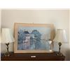 Image 1 : Large Monet Print & 2 Brass Lamps w Shades