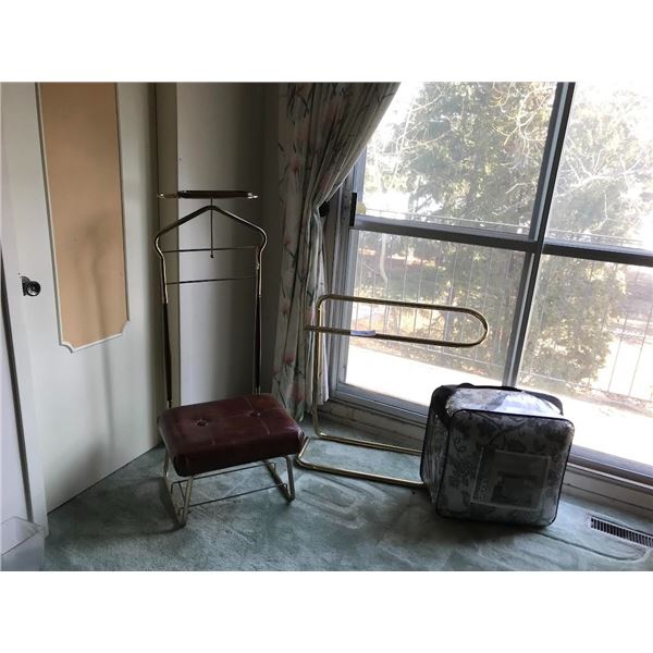 Brass Comforter Rack, Queen Sized Jacquard 4 Piece Comforter Set (New), Vintage Valet Chair