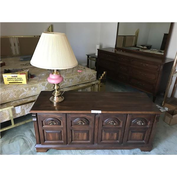 Cedar Chest w Key & Rose Coloured Lamp