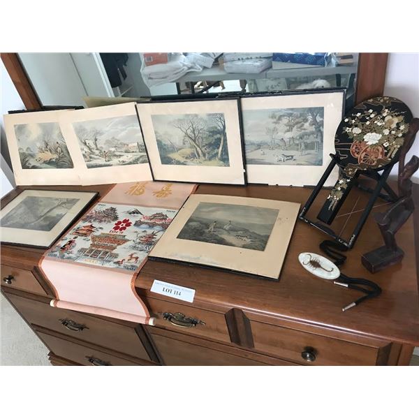 Vintage Hunting Pictures, Osaka Expo 70"s Banner, Japanese Mirror w Stand, Wood Carving, Scorpion Bo