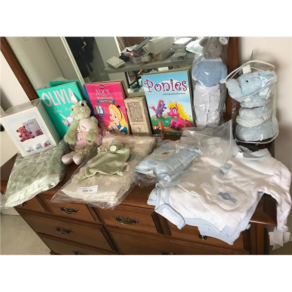 2 Piece Ceramic Photo Frame, Bear Piggy Bank, 2 Baby Blankets, Pillow, Tooth Ferry Box, Baby Clothes