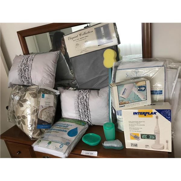 Elegant Collection Grey Drapery Panels, 2 Gray Pillows, Mainstays Edredon Comforter, Waterproof Matt