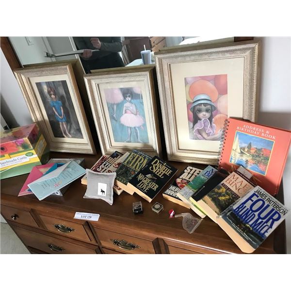 3 Big Eyes Girl Framed Prints, 30 Handmade Cards, Monet Address & Birthday Book, Variety of Books, C