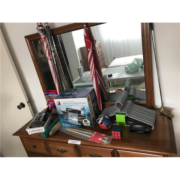 3 Gold Umbrellas, Clothes Pins, 5 Steel Padlocks, 2 Small Umbrellas, 5" Black & White Television AM/