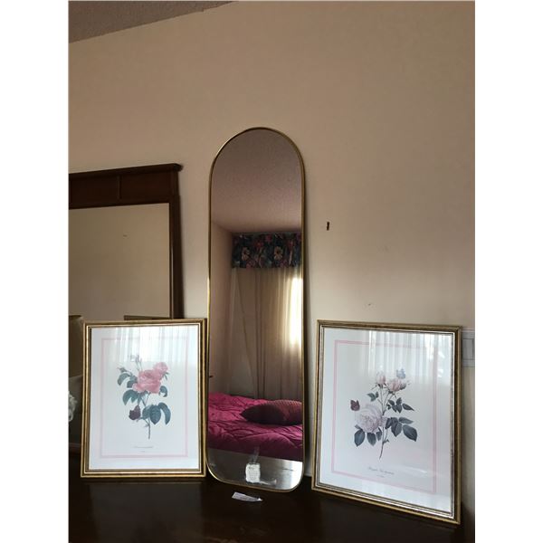 2 Rose Prints & Gold Full Length Mirror