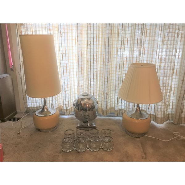 2 Gold mid-century/modern lamps, Coffee urn with set of 8 glasses and serving tray