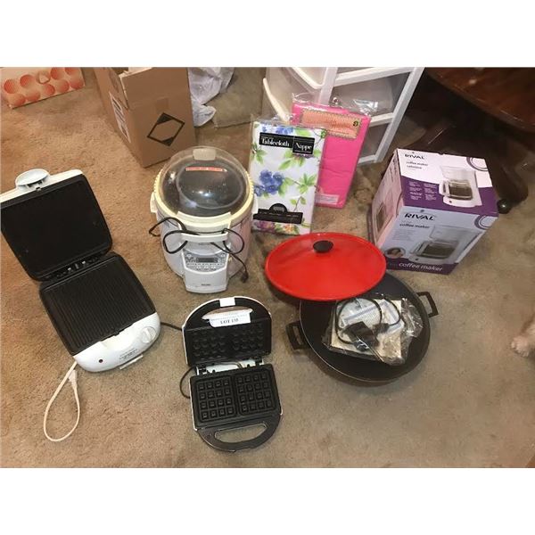 Rival 12 cup coffee maker, wok,Kenmore waffle maker, Welbilt bread machine, Black and Decker health 