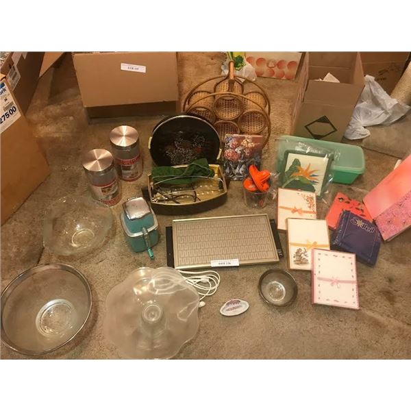 Viking electric buffet tray, bun warmer, vintage swing away ice machine, juicer, Tupperware, mid cen