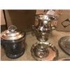 Image 5 : Silver plated set including; huge ornate serving tray, candy dish, teapot with cream and sugar, 2 ch