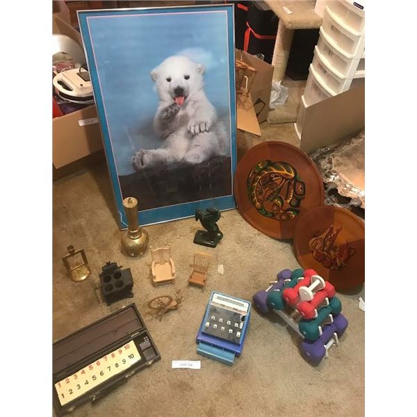Weights including 3, 5 and 8 pound pairs, baby bear print (233/8"W,351/2"H), rummy game, brass vase,