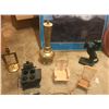 Image 4 : Weights including 3, 5 and 8 pound pairs, baby bear print (233/8"W,351/2"H), rummy game, brass vase,