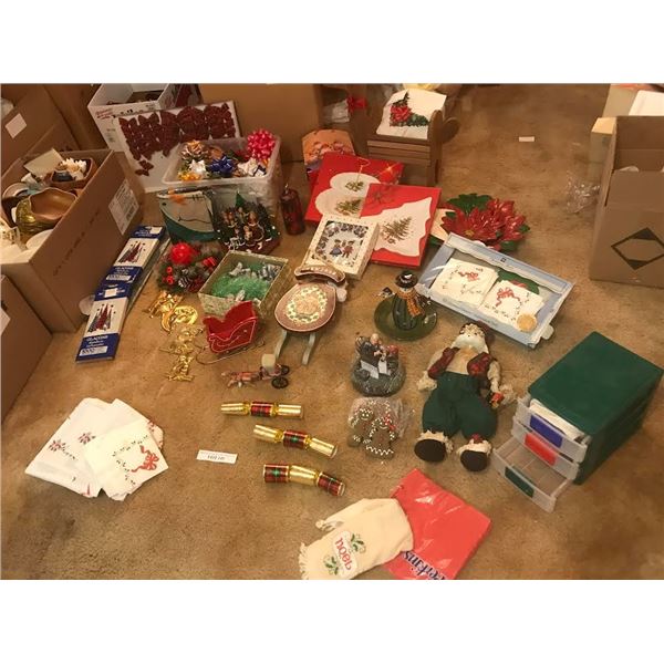 Christmas decorations including: Light up carollers, Norman Rockwell Dr figurine, wood reindeer, ass