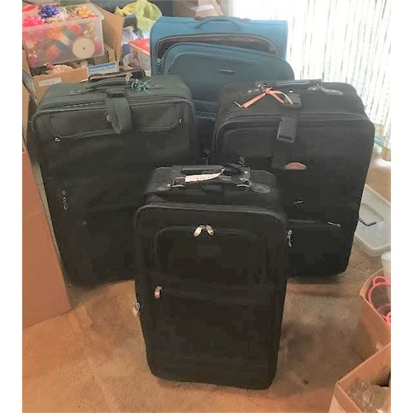 4 Assorted suitcases: Air Canada and Protocol black bags, green American tourist bag, Samsonite teal