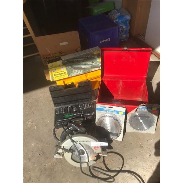 Black and Decker skill saw and blades, socket kit, 2 SteadyRider RT shock absorbers, toolbox