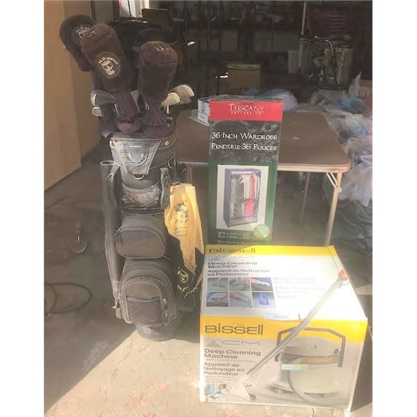 36" wardrobe, Bissell deep cleaning machine, Bridges golf set with Santa Fe woods and bag, comes wit