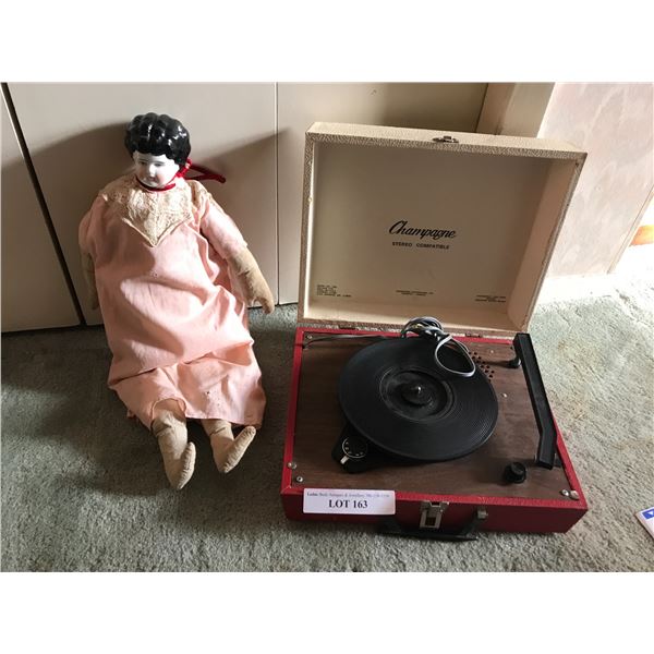 Vintage Champagne Stereo Compatible Turntable & Vintage Ceramic Doll