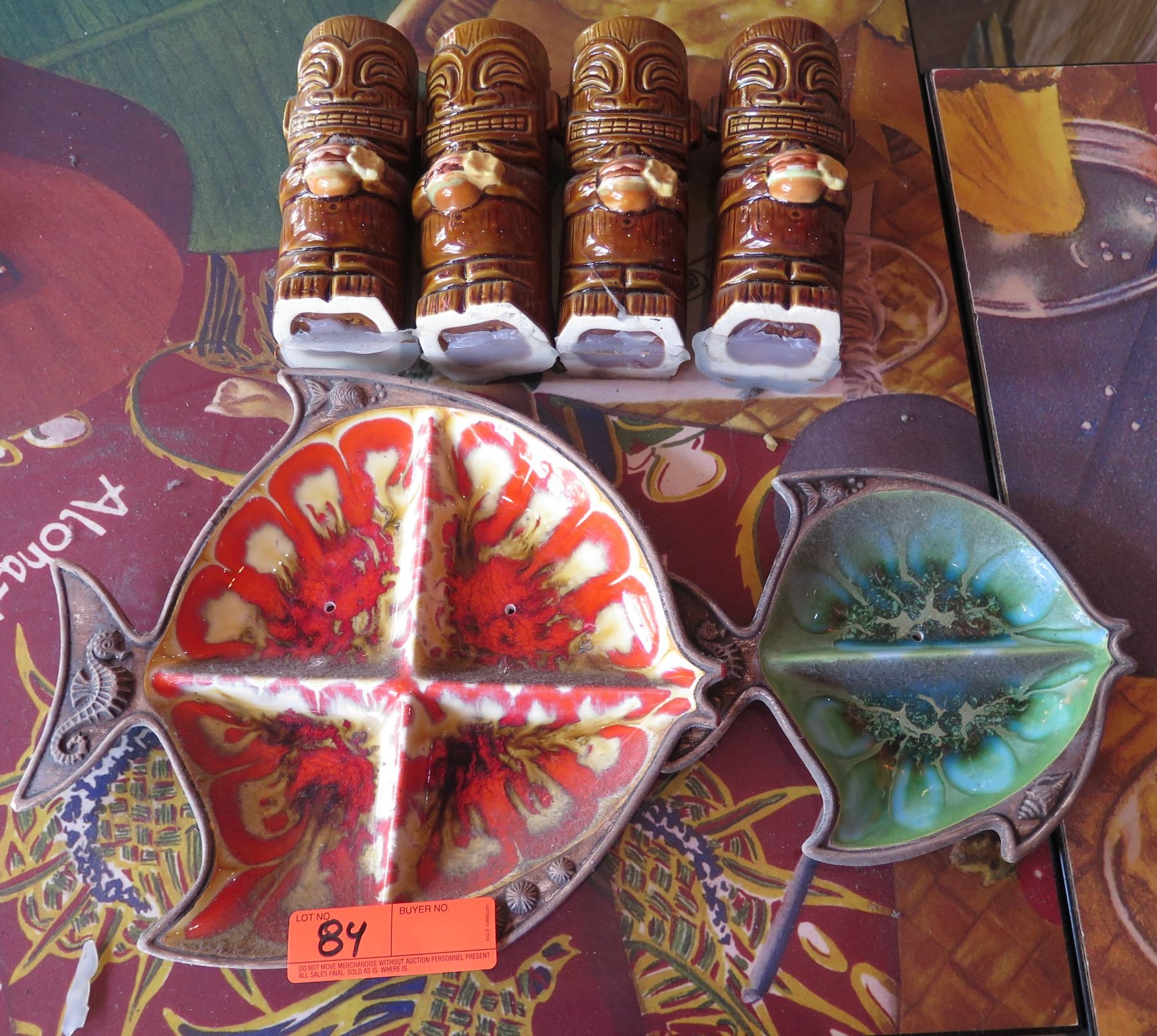 Qty 2 Multi-Section Treasure Craft Fish Serving Dishes & 4 Tiki Holding ...