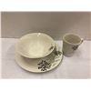 Full  white colored with black and grey designed Dinnerware Set, Plates, Mugs, Bowls