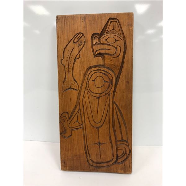 West Coast First Nations "Eagle & Salmon" carving by Sadie Baker 1975 - approx. 12in x 5 1/2in