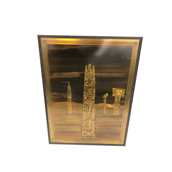 Framed handcrafted brass etching titled "The Raven Pole" - approx. 11 1/2in x 15 1/2in