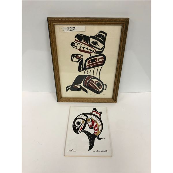 Framed G. Gonzales 1982 "Bear" print & Ben Houstie "Salmon" ceramic tile - Bear approx. 10 3/4in x 1