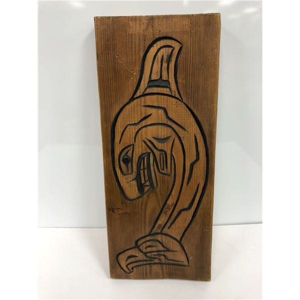 Killer Whale & Eagle Head wood carving on plank by Jim Jules Oct 5th 1996 - 17in x 7in