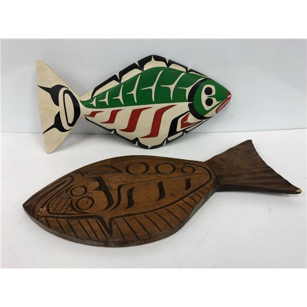 Two wooden halibut wood carvings - Gordon Gladstone 1992/ second carving's writing illegible - appro