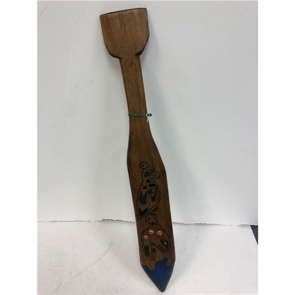 Carved wooden "Whale" paddle signed F M - approx. 33 1/2in x 4 1/2in