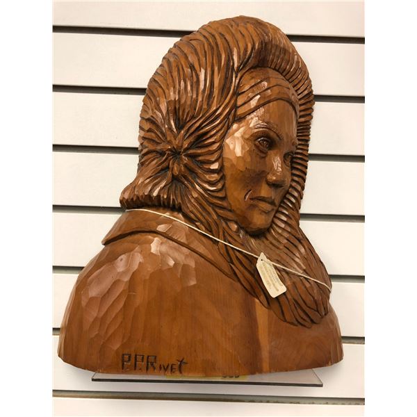 First Nations wood carved female bust by artist P.P.Rivet - approx. 13in x 16in