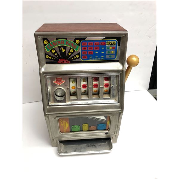 Vintage 16in tall Casino King one arm bandit coin slot machine bank