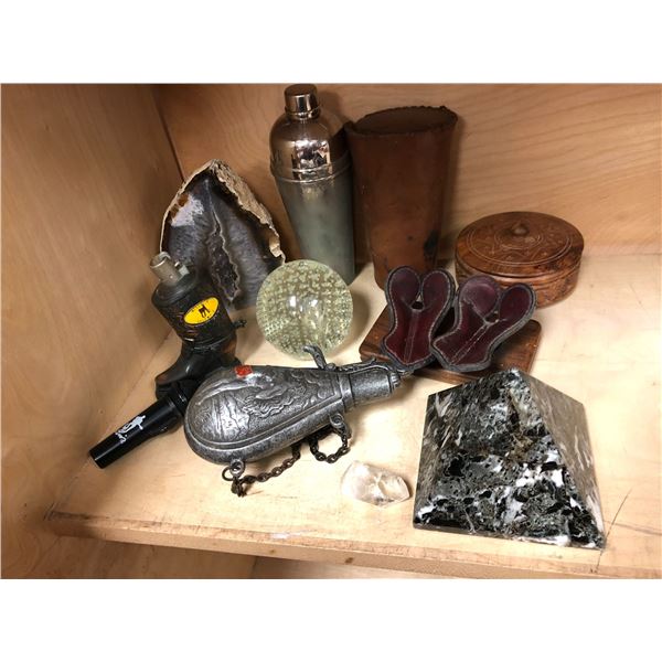 Group of assorted collectible & decorative items - gun powder flask/ crystals/ vintage martini shake