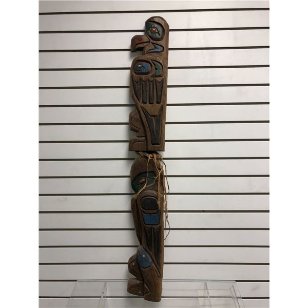 44 1/2in West Coast First Nations cedar carving "Raven & Salmon" w/ copper & abalone eyes (unsigned)