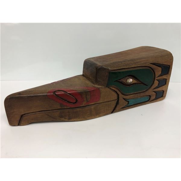 17in West Coast First Nations wood carved "Raven" mask w/ abalone eyes signed Telqua 1997