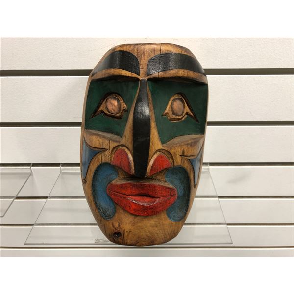 8in West Coast First Nations wood carved face mask w/ copper eyes signed Telqua 1997