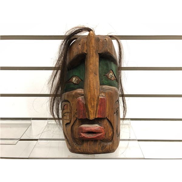 9in West Coast First Nations carved cedar face mask w/ authentic looking hair & abalone eyes signed