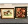 Image 1 : Group of 2 framed wall hangings - horses painting (20in x 16 1/2in) & rose woven tapestry (18 3/4in