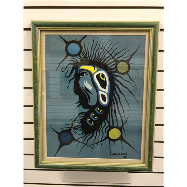 Framed original First Nations painting signed by Sikaasika 1997 - approx. 18 1/2in x 22 1/2in