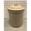 Image 1 : One gallon stoneware crock w/ lid (repaired crack, see picture)