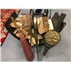 Image 1 : Rustic wooden fireplace log holder w/ 4 fireplace tools from movie set