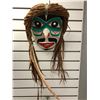 Image 1 : 12in West Coast First Nations carved cedar face mask w/ cedar bark hair & feather signed John Johnst