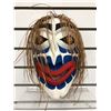 Image 1 : 11in West Coast First Nations carved wooden face mask w/ cedar bark hair & copper eyes signed Lagher