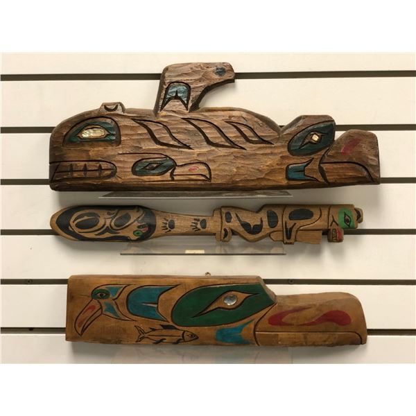 Group of 3 West Coast First Nations carved wooden plaques w/ abalone accents - 18 3/4in/ 17 1/2in/ 1