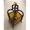 Image 1 : Large heavy black painted wrought iron w/ amber glass hanging light fixture from movie set - 27in x