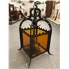 Image 2 : Large heavy black painted wrought iron w/ amber glass hanging light fixture from movie set - 27in x