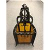 Image 1 : Medium size heavy black painted wrought iron w/ amber glass hanging light fixture from movie set - 2