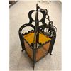 Image 2 : Medium size heavy black painted wrought iron w/ amber glass hanging light fixture from movie set - 2