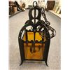 Image 3 : Medium size heavy black painted wrought iron w/ amber glass hanging light fixture from movie set - 2
