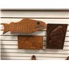 Image 1 : Group of 3 West Coast First Nations carved wooden plaques - 20 1/2in Salmon/ 13in Thunderbird/ 13in